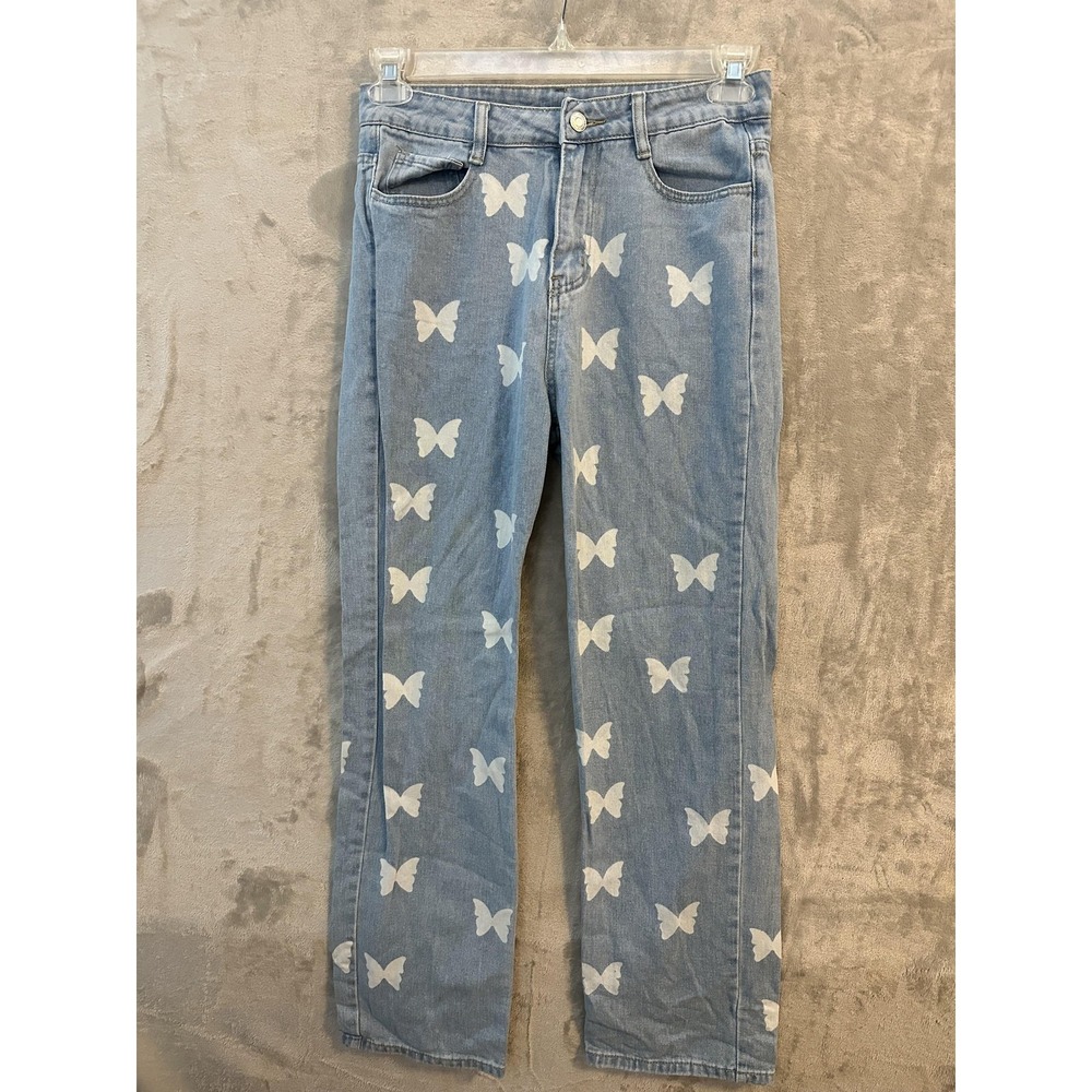 Shein Jeans Womens Small Blue Butterfly Print Straight Leg Denim Pants Cute